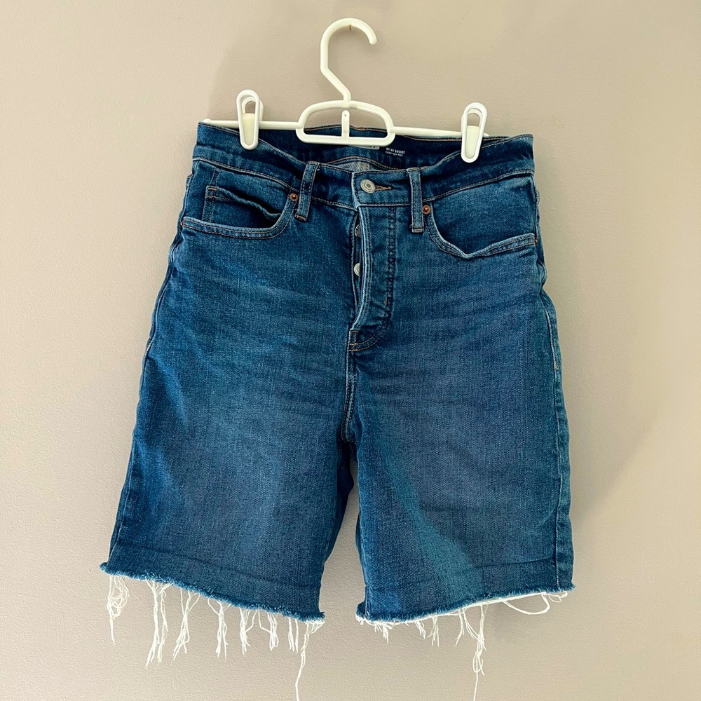 High rise long length denim shorts